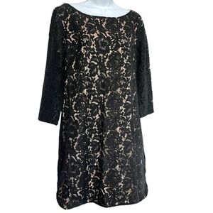 Vince Camuto Lace Dress Womens 12 Black Floral Cocktail Party Sheer‎ Sleeve